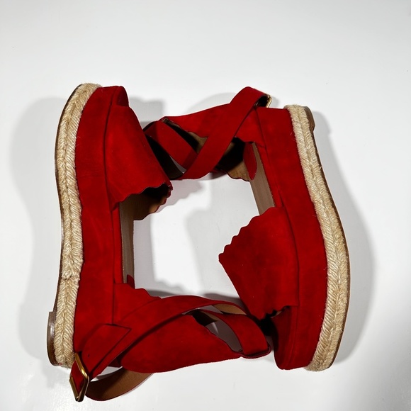 CHLOE [ Womens 39 ]‎ lauren Scalloped Suede Espadillas Platform Shoes in Red - Picture 8 of 15